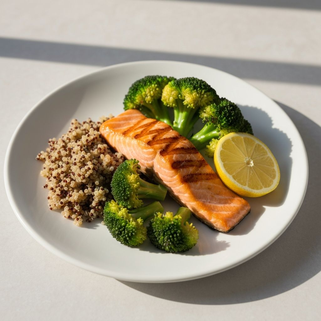 Beautifully plated balanced meal with salmon, vegetables, and grains