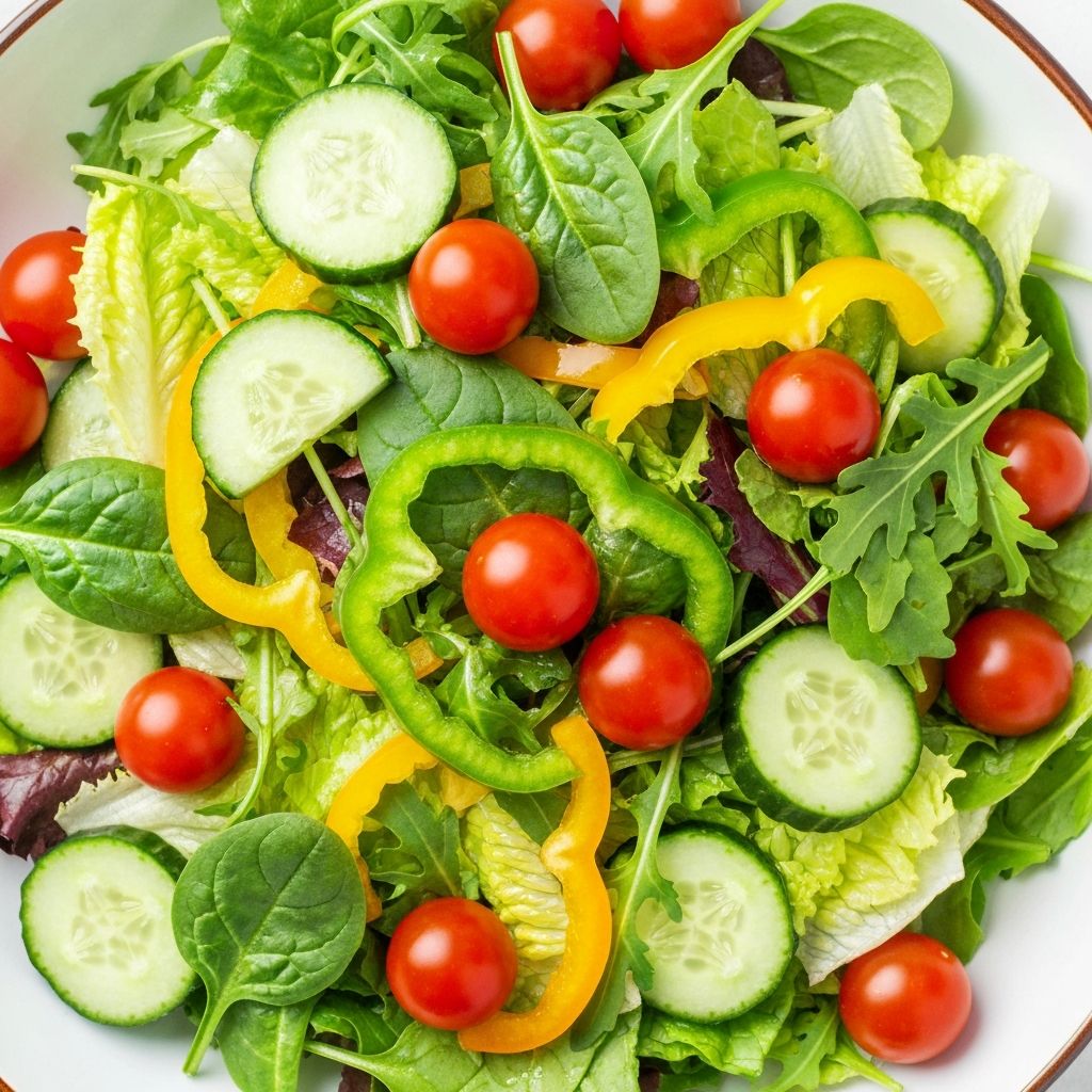 Fresh colorful salad bowl with mixed greens and vegetables