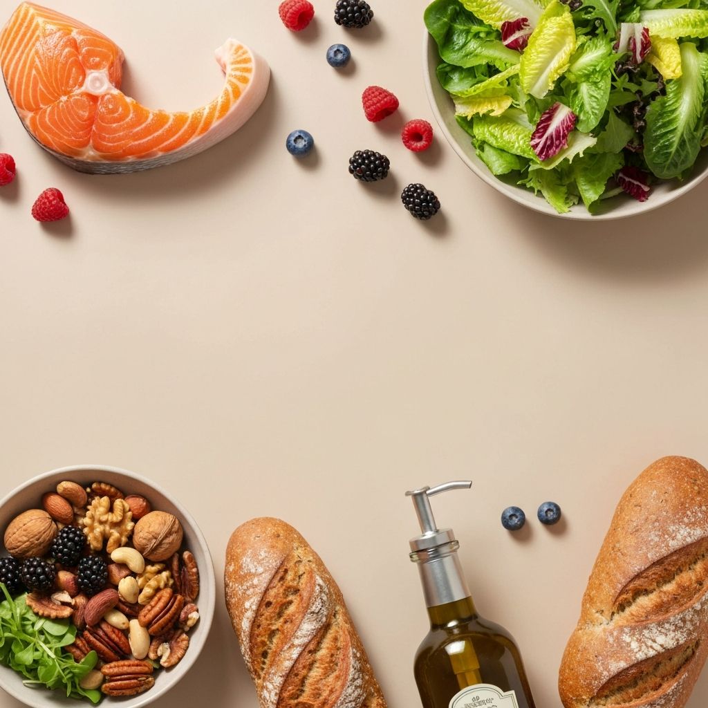 Diverse fresh foods including salmon, berries, salad, and whole grains arranged beautifully